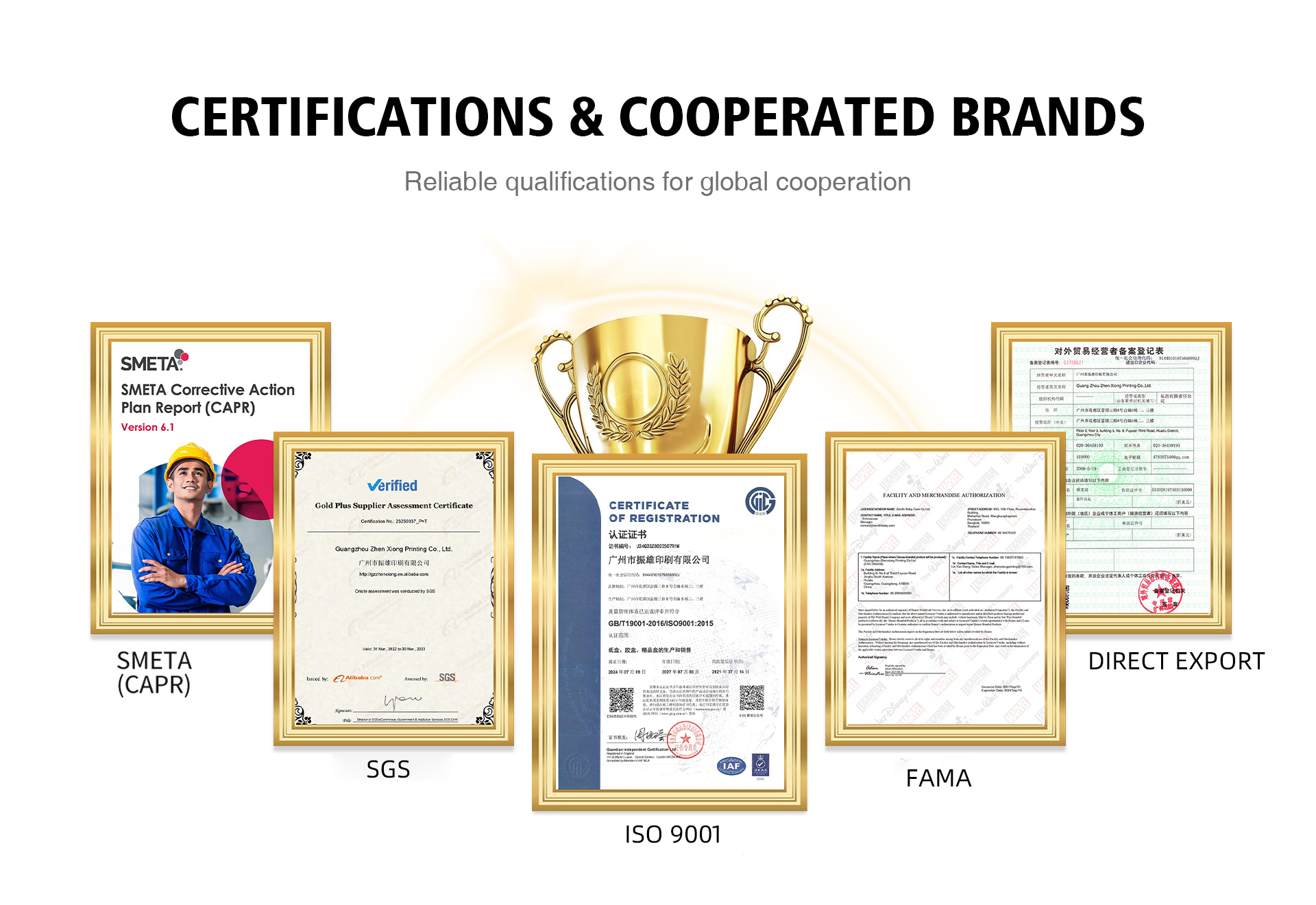 Certifications and cooperated brands: SMETA, SGS, ISO 9001, FAMA and Direct Export documents