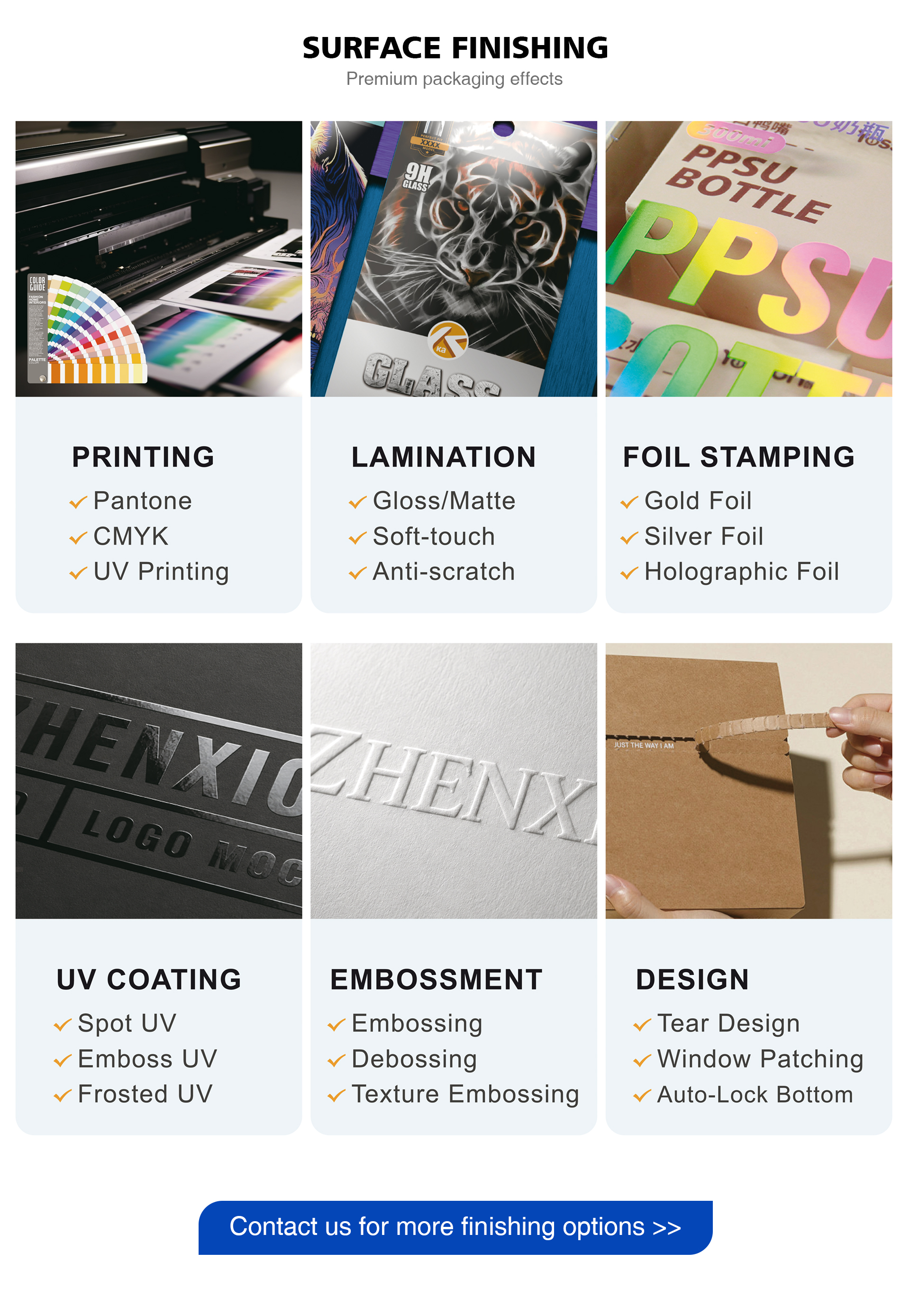 Surface finishing: Printing, Lamination, Foil Stamping, UV Coating, Embossment and Design.